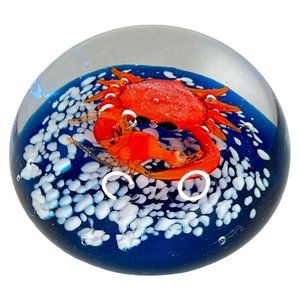 Vintage Murano Art Glass Crab Shrimp Aquarium Paperweight Blue White Round